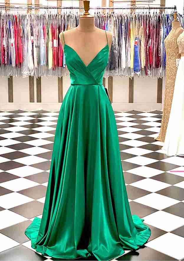 A-Line V-Neck Charmeuse Prom Dress/Evening Dress With Pleated Spaghetti Straps and Sweep Train