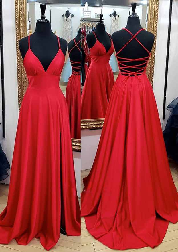 A-Line V-Neck Charmeuse Prom Dress/Evening Dress with Pleated Split and Spaghetti Straps Sweep Train