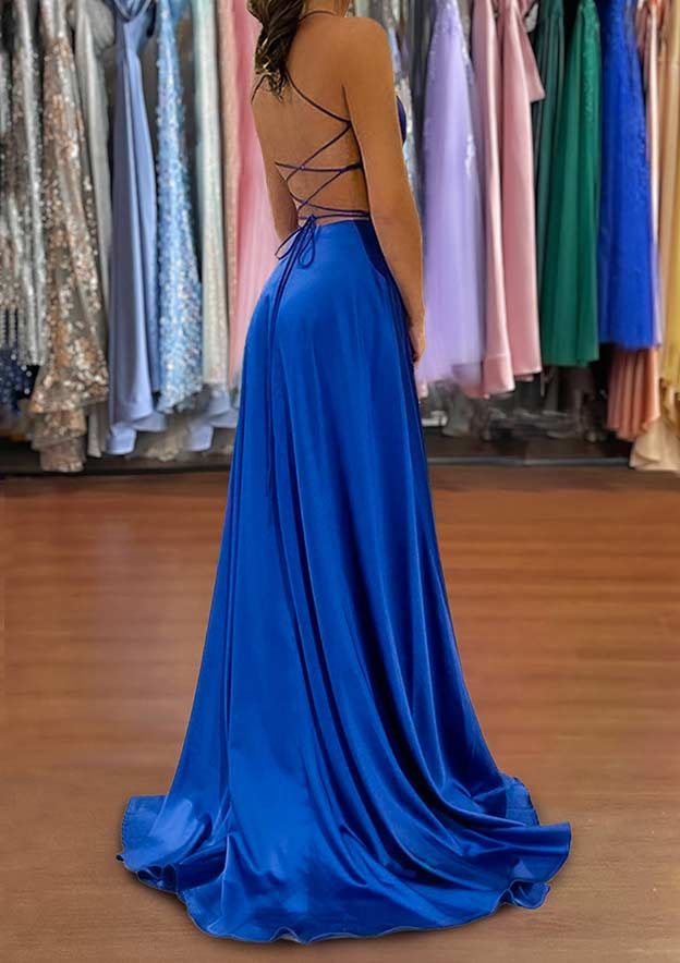 A-Line V-Neck Charmeuse Prom Dress/Evening Dress with Split and Sweep Train