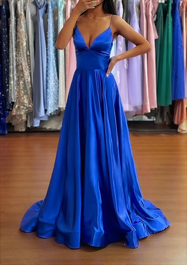 A-Line V-Neck Charmeuse Prom Dress/Evening Dress with Split and Sweep Train