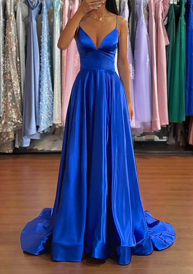 A-Line V-Neck Charmeuse Prom Dress/Evening Dress with Split and Sweep Train