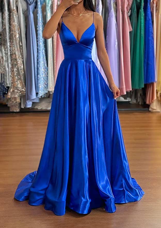 A-Line V-Neck Charmeuse Prom Dress/Evening Dress with Split and Sweep Train