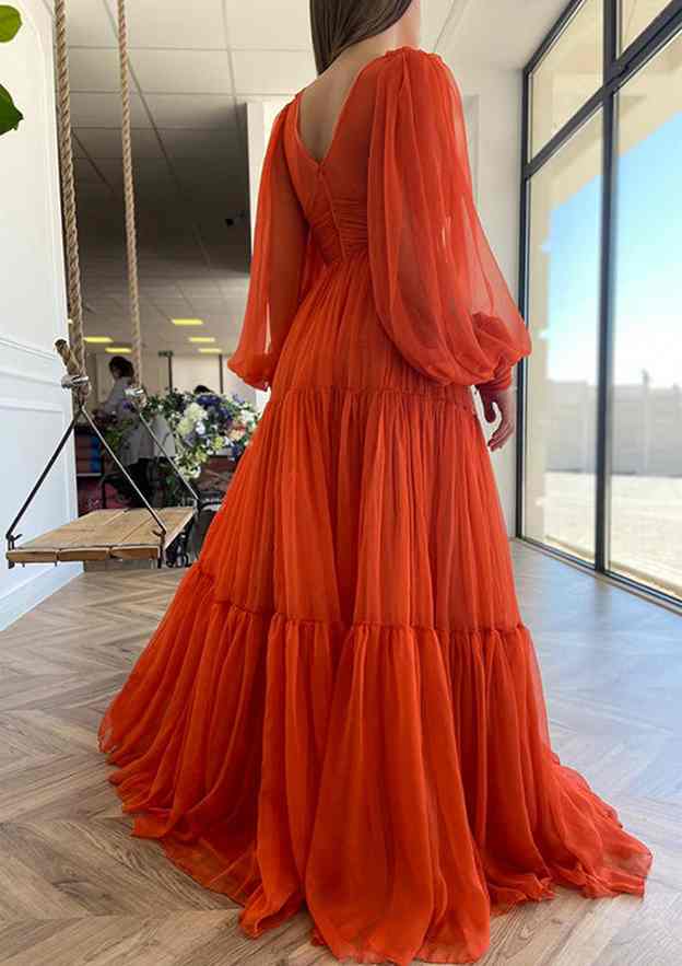 A-Line V-Neck Chiffon Prom Dress/Evening Dress With Pleated - Floor-Length & Full/Long Sleeve