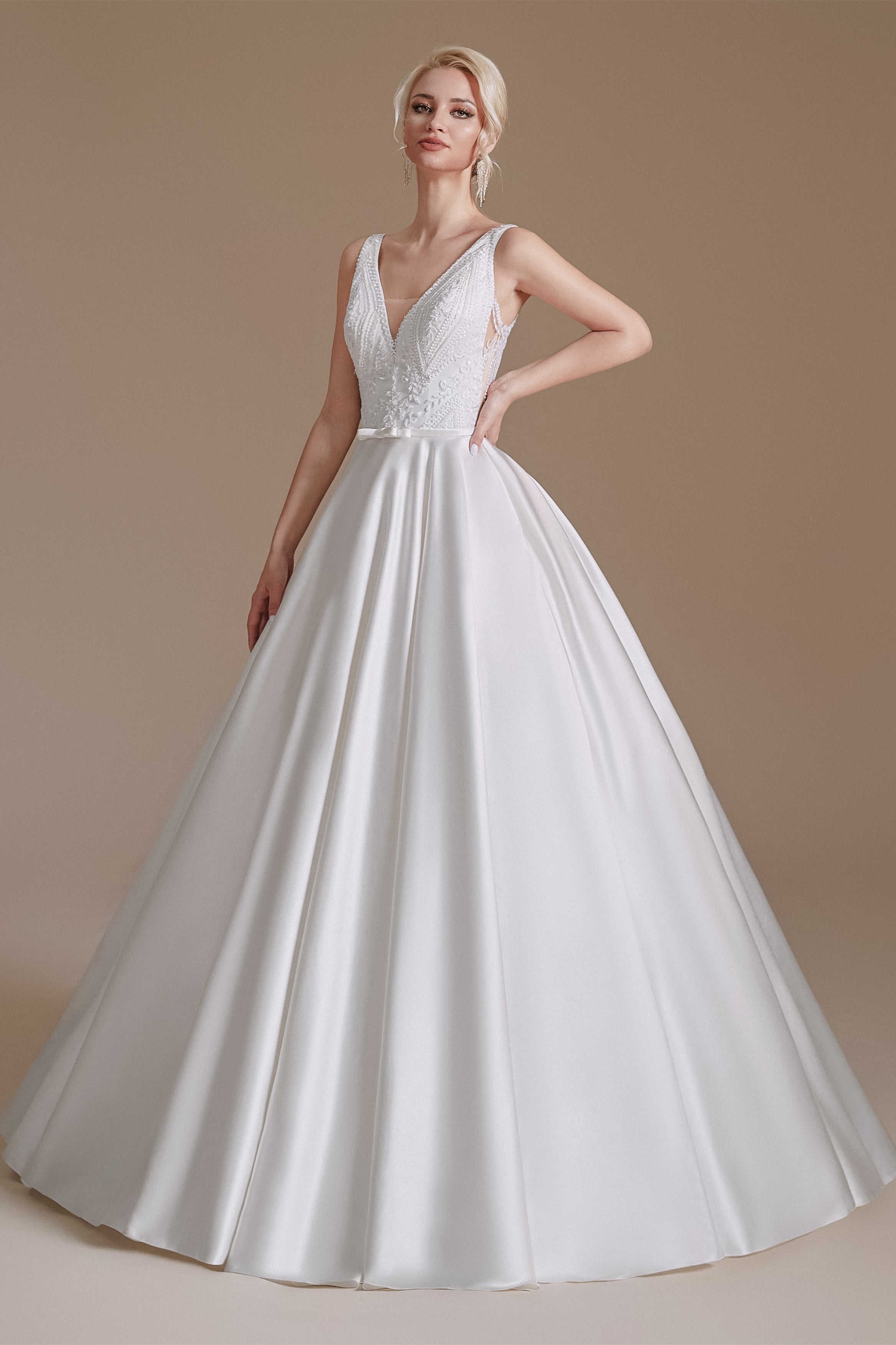 A Line V Neck Floor Length Applique Wedding Dress | Ballbella Design