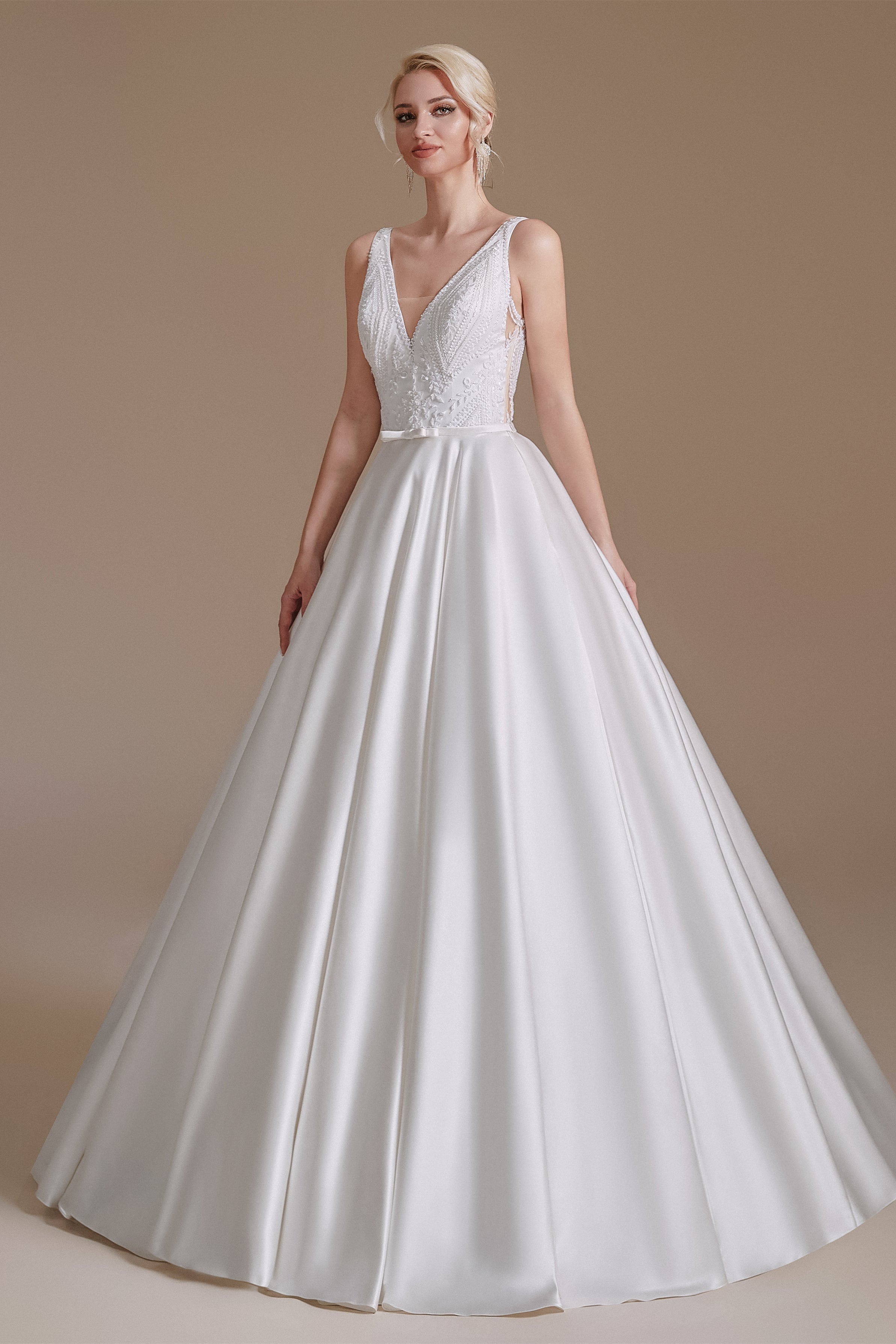 A Line V Neck Floor Length Applique Wedding Dress | Ballbella Design