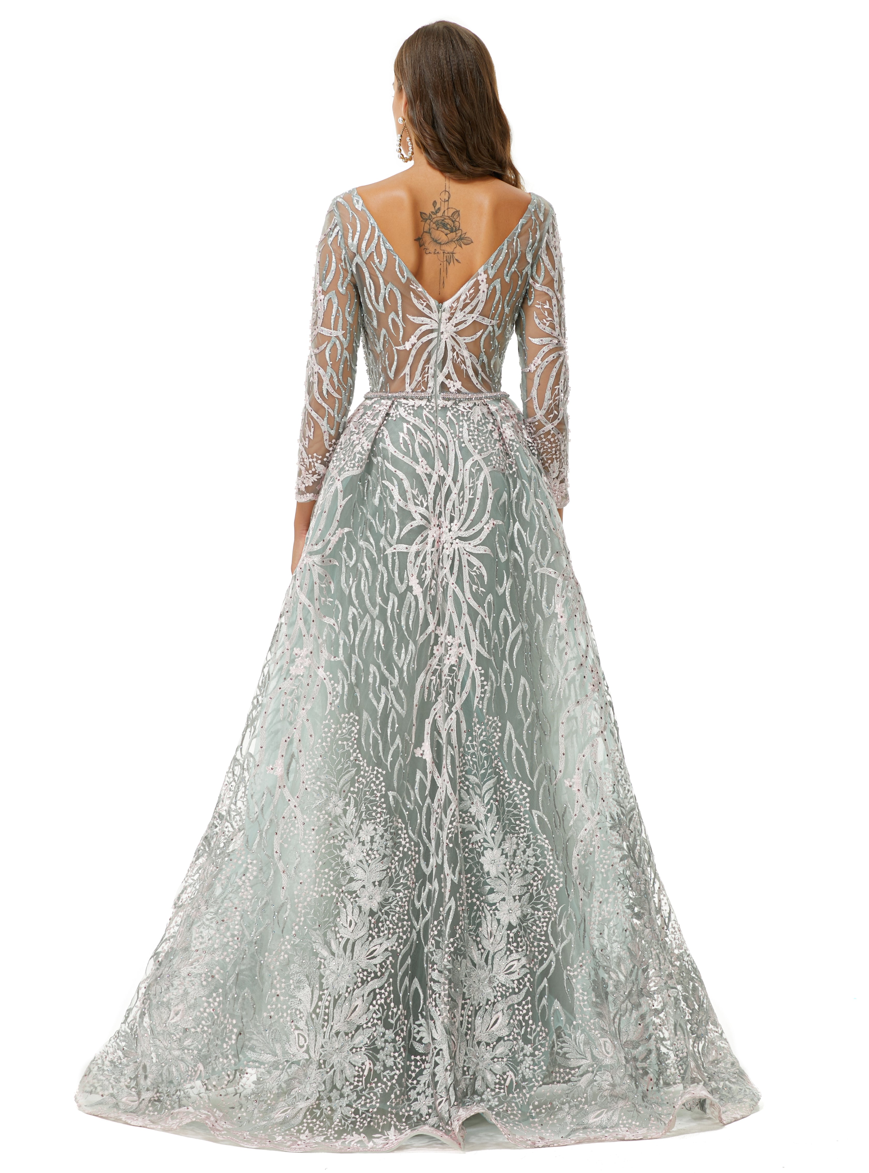 A-line V-neck Floor-length Long Sleeve Open Back Appliques Lace Prom Dress