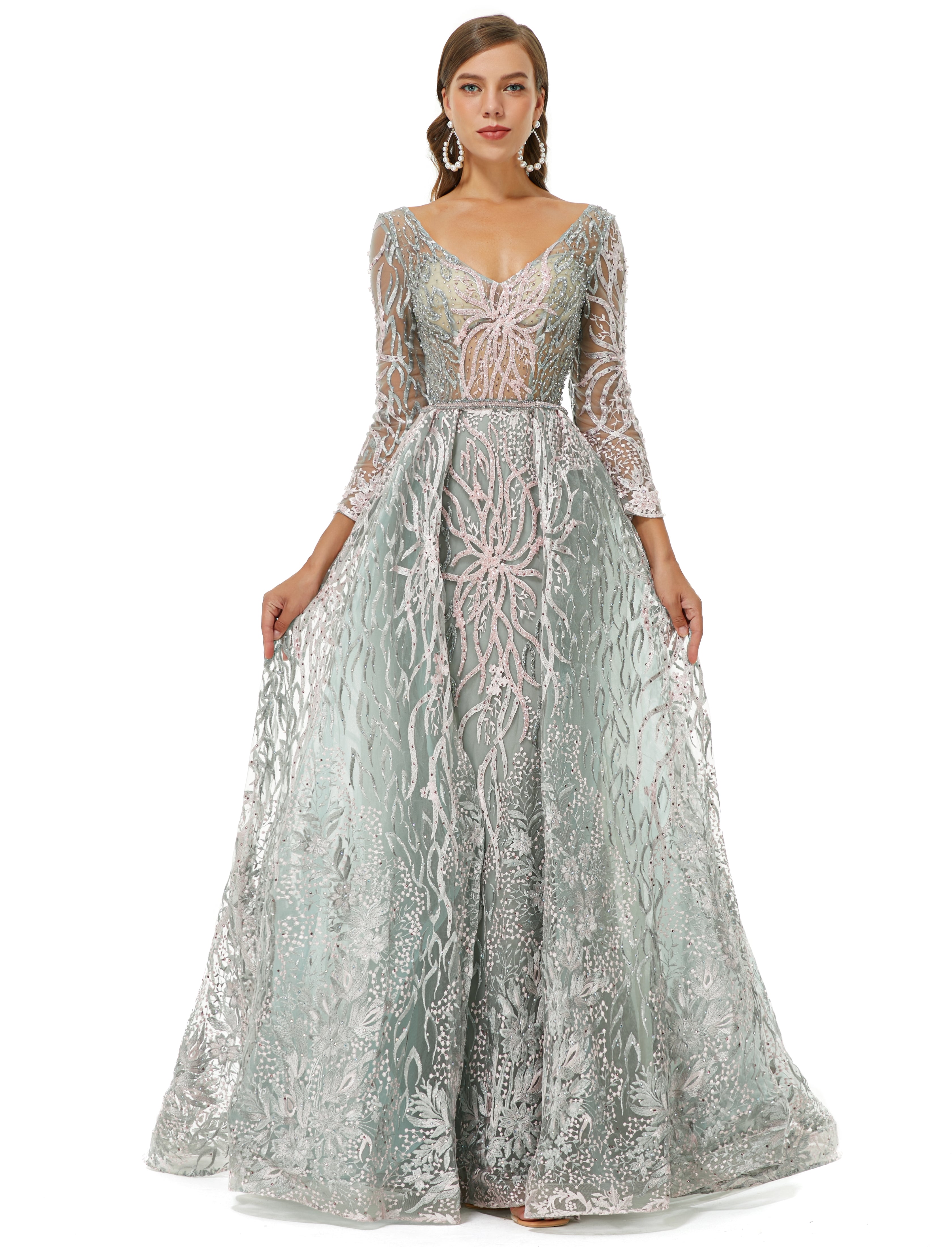 A-line V-neck Floor-length Long Sleeve Open Back Appliques Lace Prom Dress