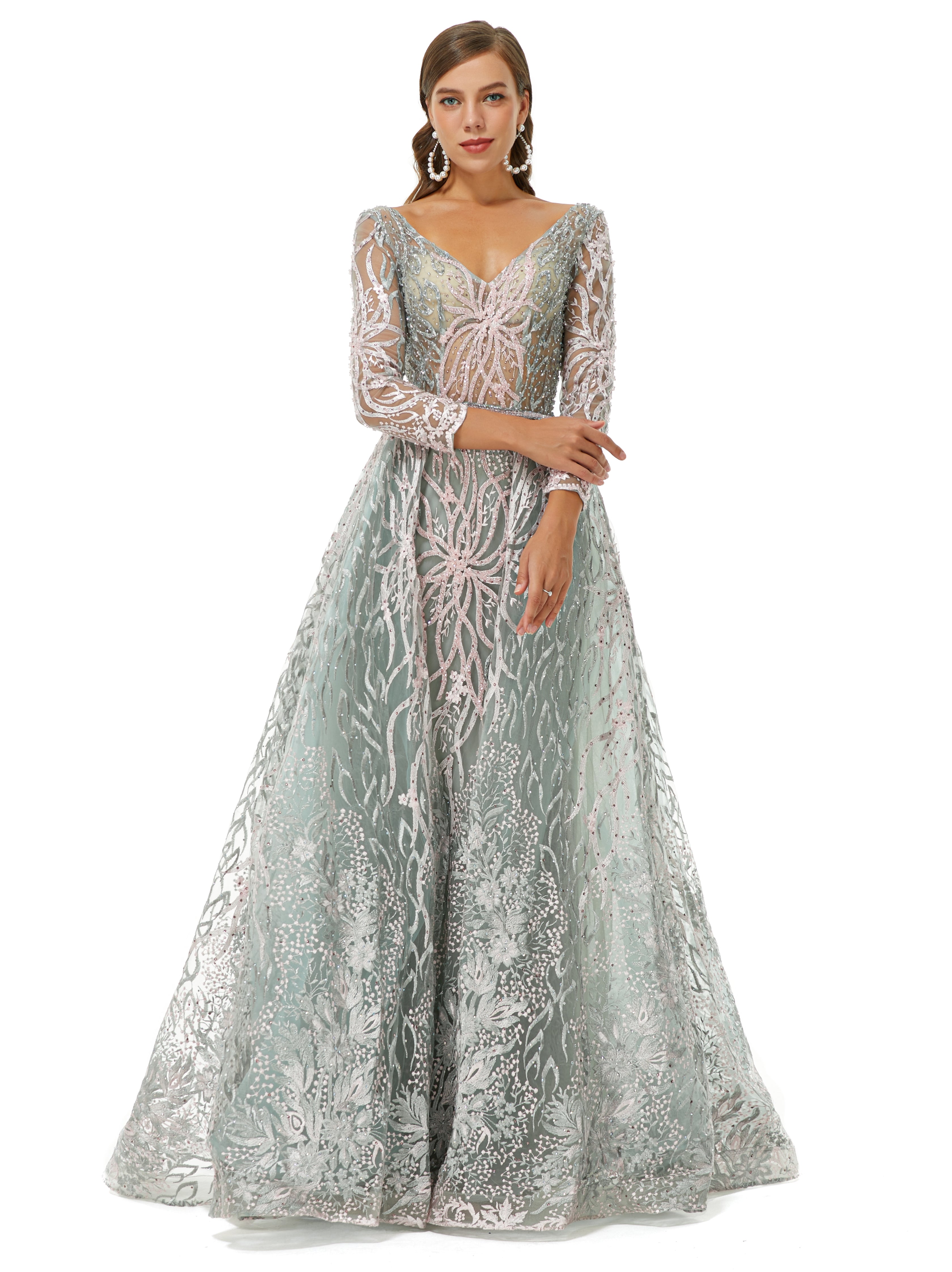 A-line V-neck Floor-length Long Sleeve Open Back Appliques Lace Prom Dress