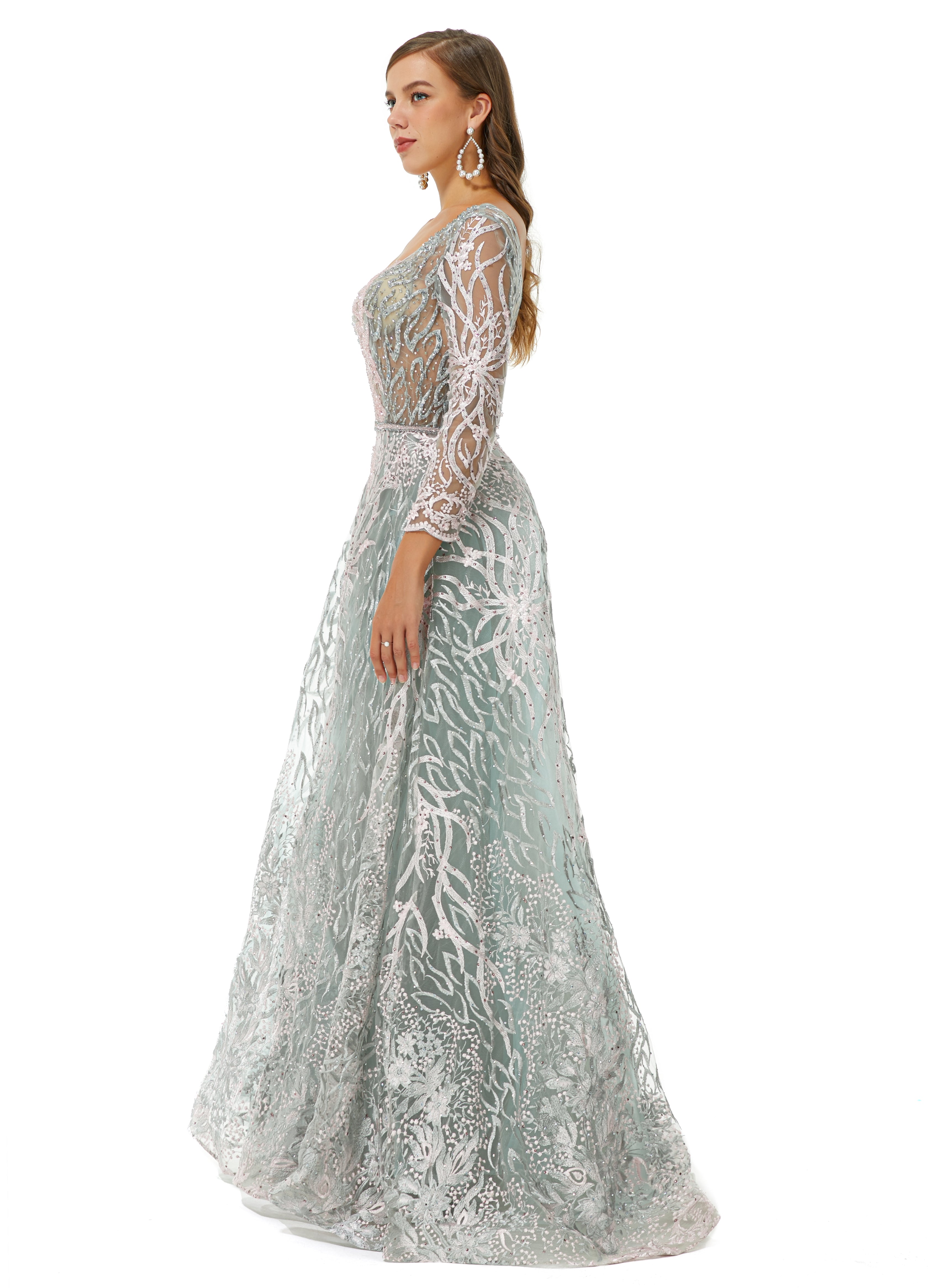 A-line V-neck Floor-length Long Sleeve Open Back Appliques Lace Prom Dress