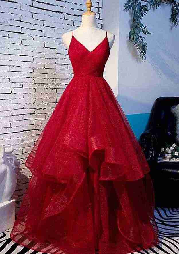 A-Line V-Neck Glitter Pleated Long Tulle Prom Dress/Evening Dress