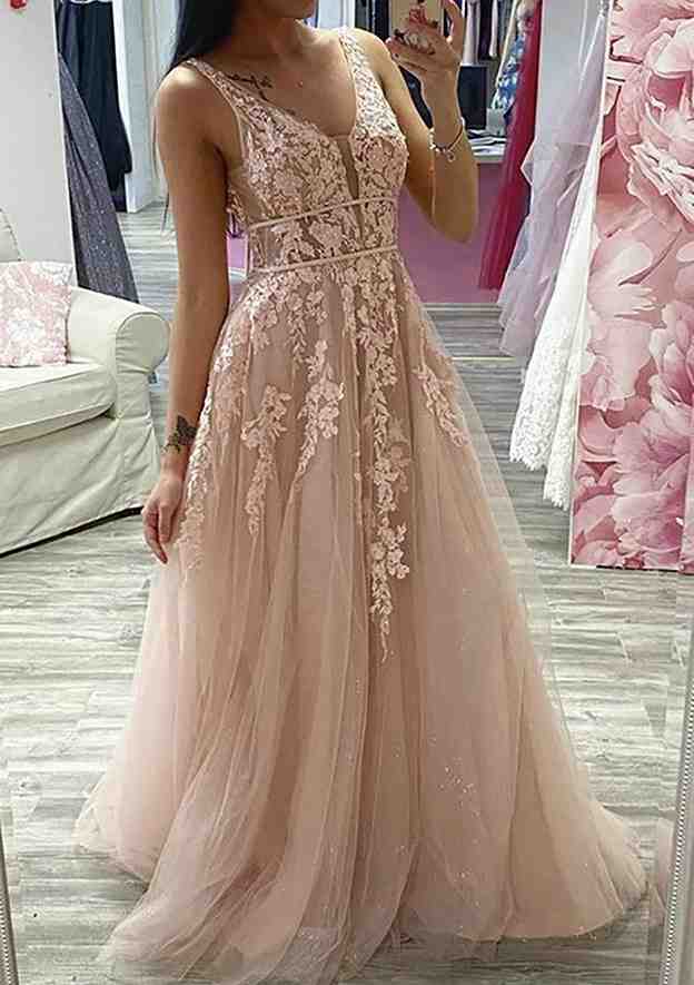 A-Line V-Neck Glitter Prom Dress/Evening Dress with Appliqued Tulle - Sleeveless Long/Floor-Length