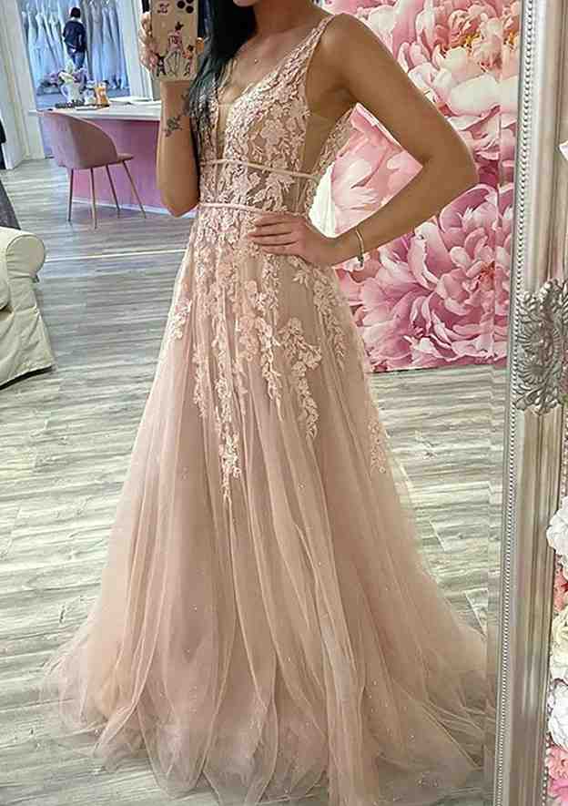 A-Line V-Neck Glitter Prom Dress/Evening Dress with Appliqued Tulle - Sleeveless Long/Floor-Length