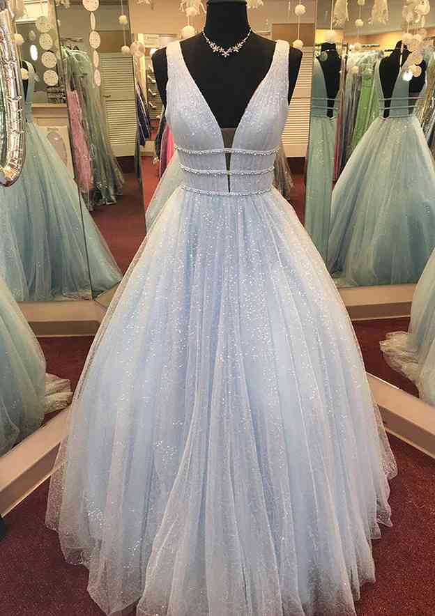 A-Line V-Neck Glitter Prom Dress/Evening Dress with Beading and Long Floor-Length Tulle