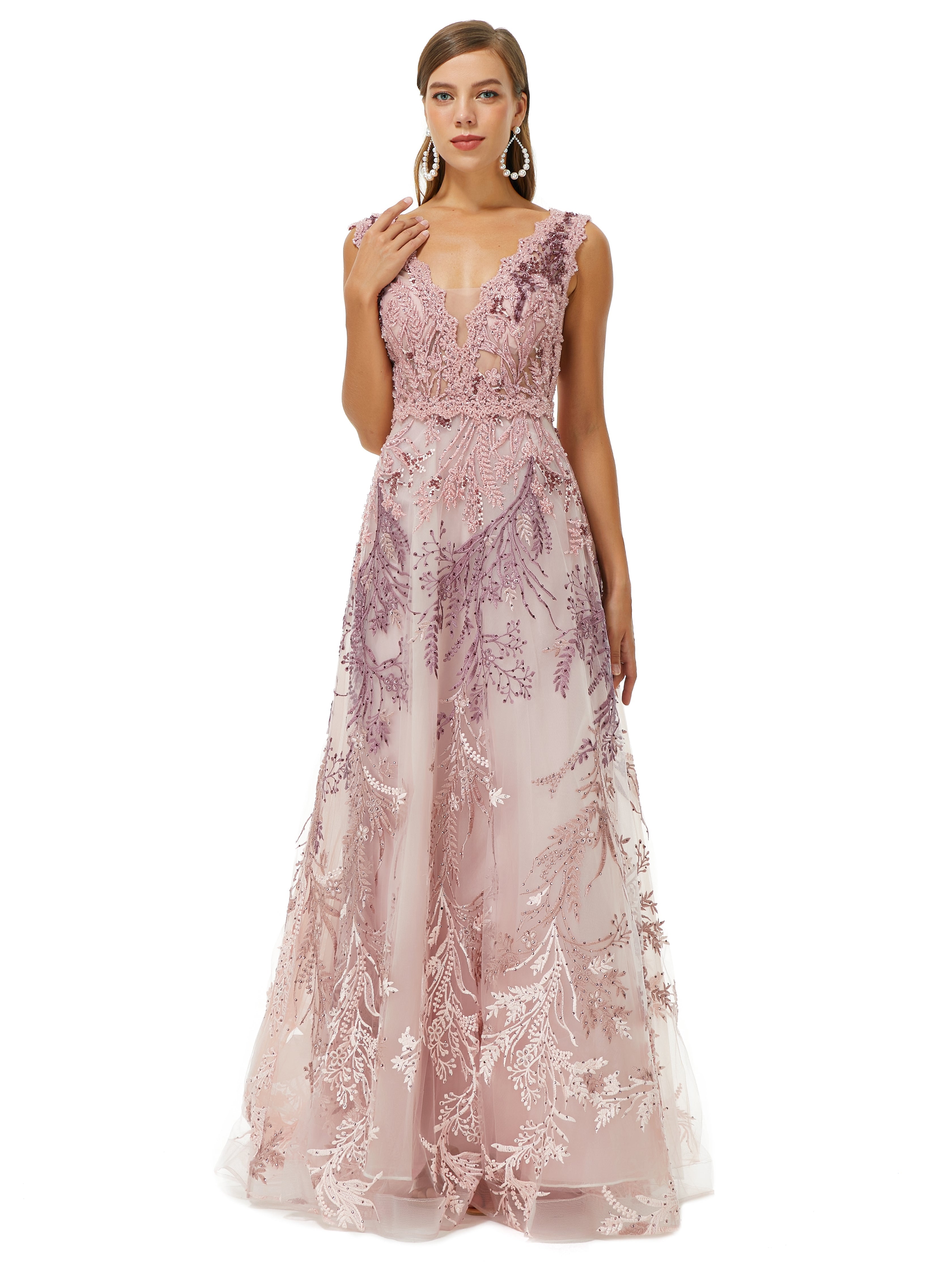 A-line V-neck Lace Beaded Applique Floor-length Sleeveless Prom Dress