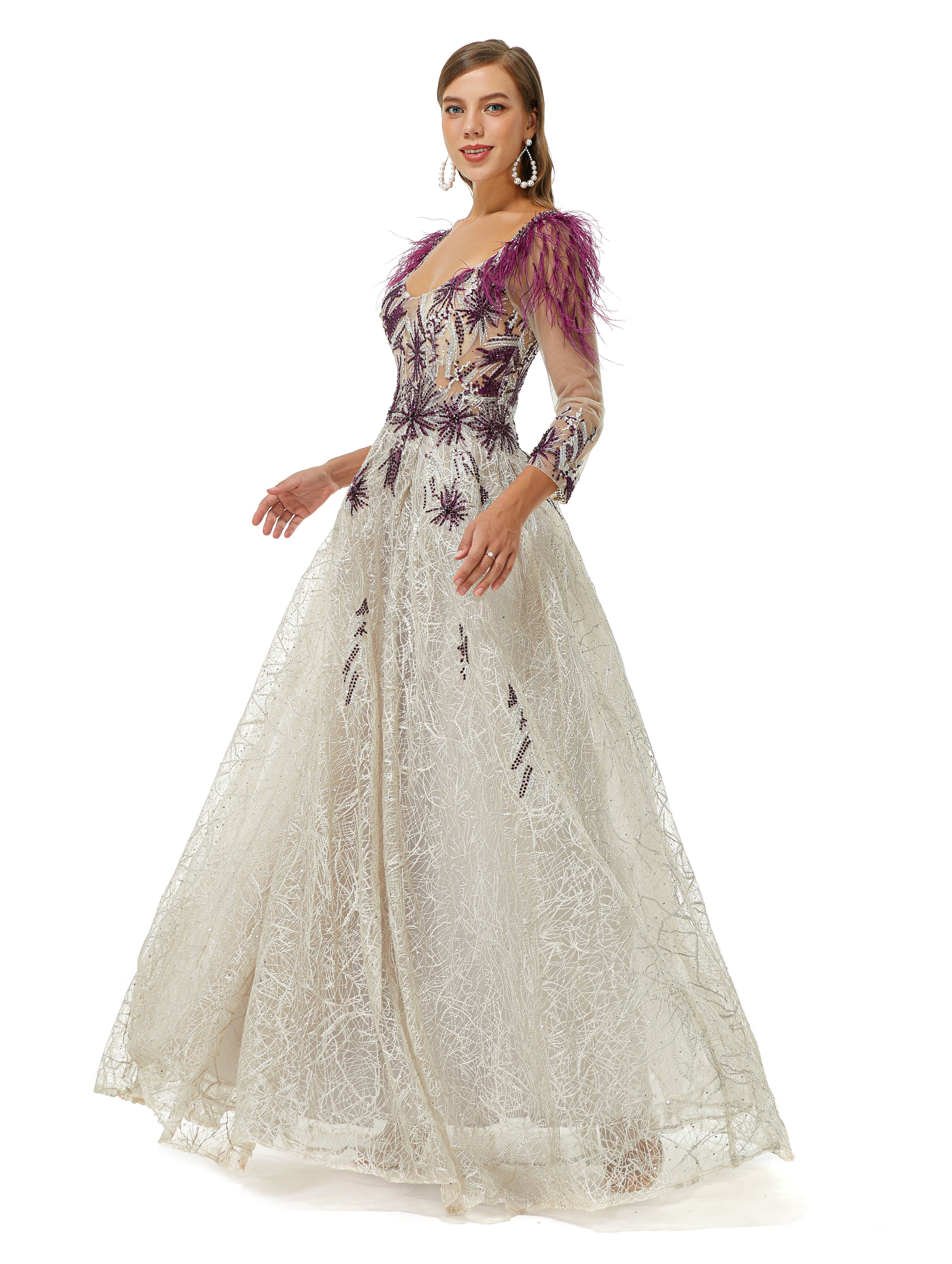 A-line V-neck Lace Floor-length Long Sleeve Open Back Beading Prom Dress