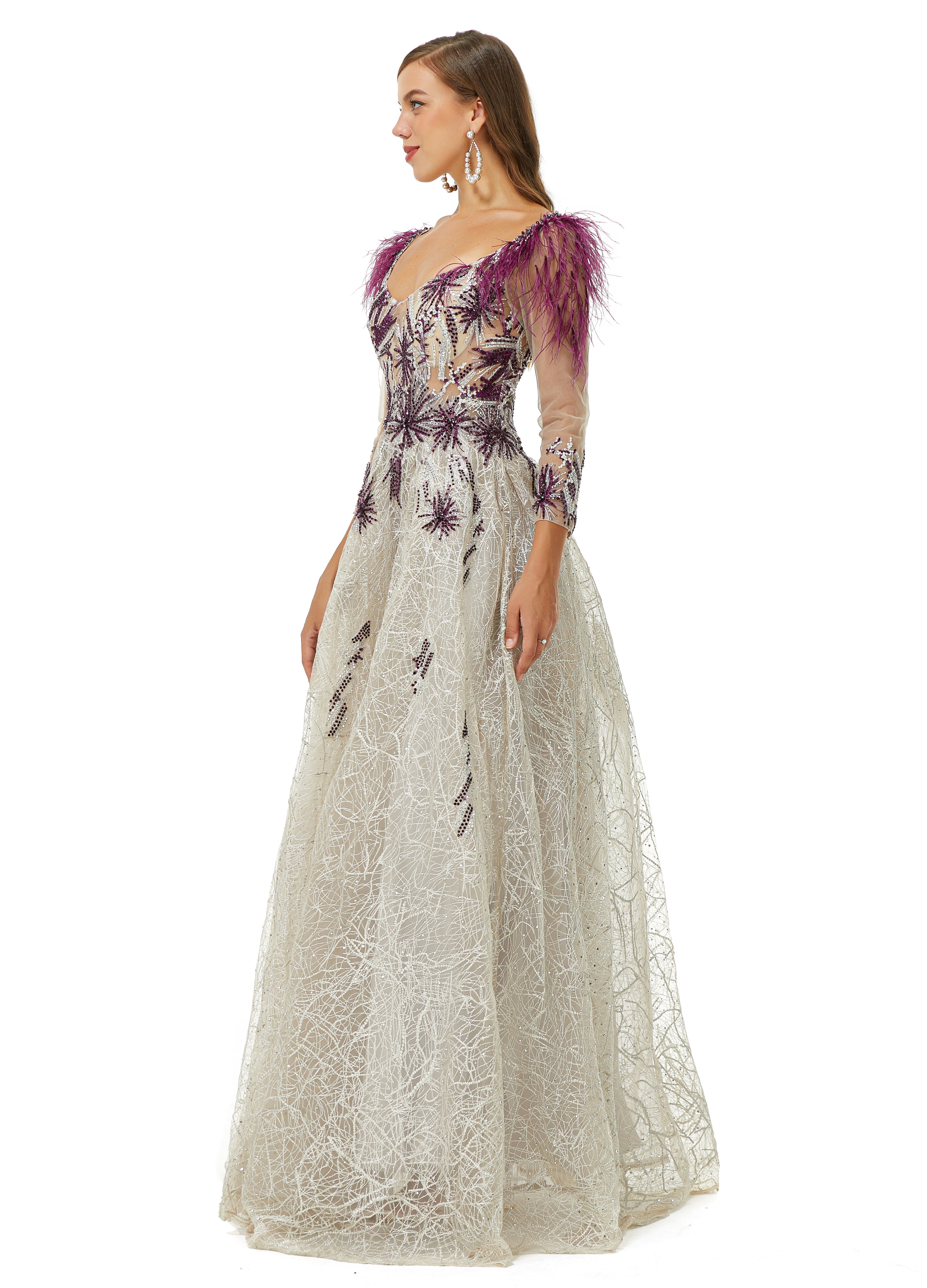 A-line V-neck Lace Floor-length Long Sleeve Open Back Beading Prom Dress