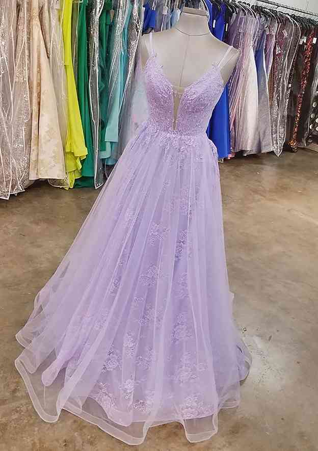 A-Line V-Neck Long Laced Tulle Prom Dress/Evening Dress