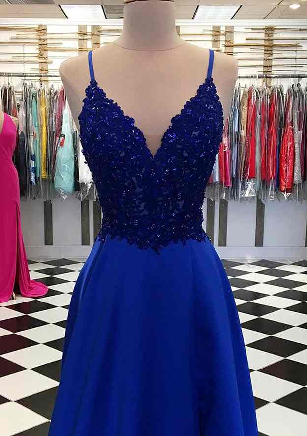 A-Line V-Neck Long Satin Prom Dress/Evening Dress With Appliqued Beading and Regular Straps