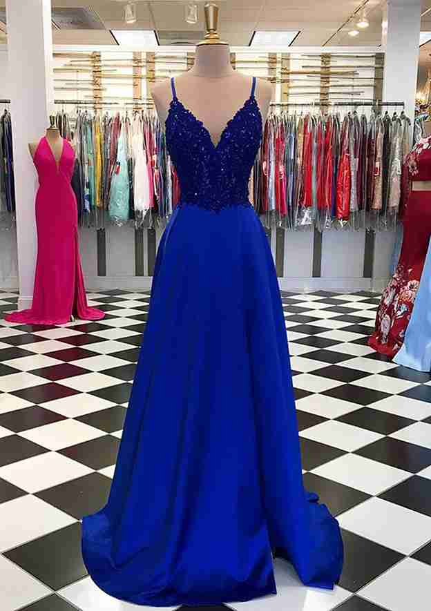 A-Line V-Neck Long Satin Prom Dress/Evening Dress With Appliqued Beading and Regular Straps