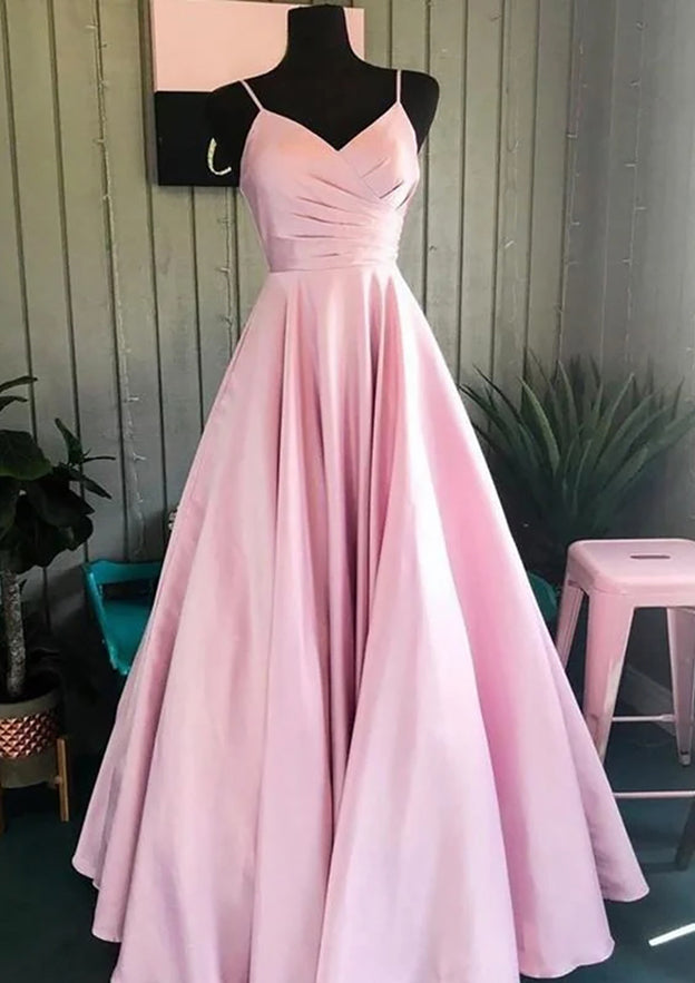 A-Line V-Neck Long Satin Prom Dress/Evening Dress with Pleats