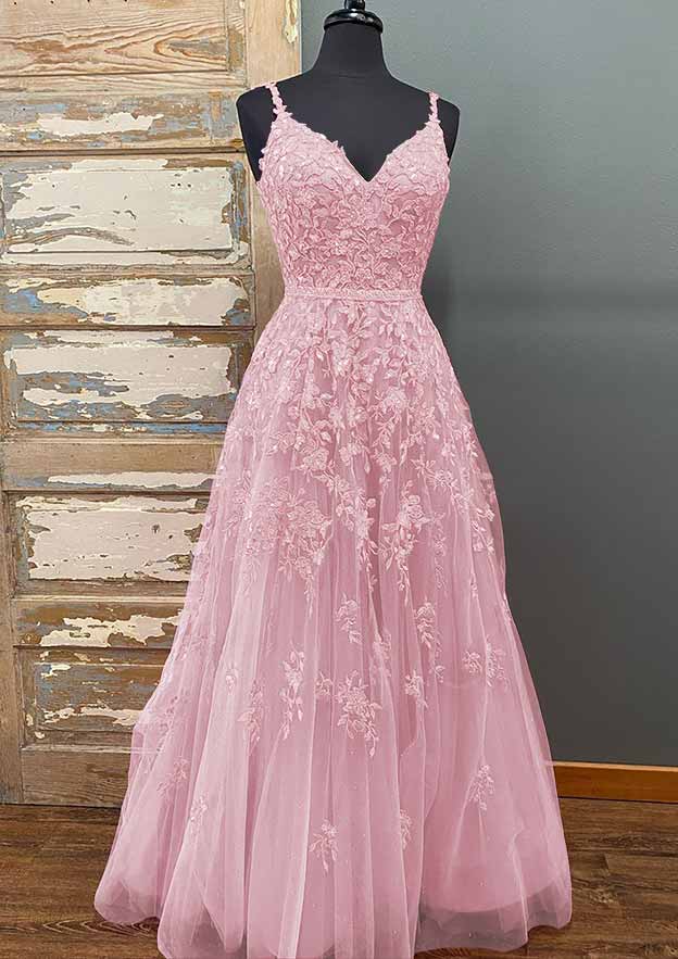 A-Line V-Neck Long Tulle Prom Dress/Evening Dress with Beading Sequins and Pockets