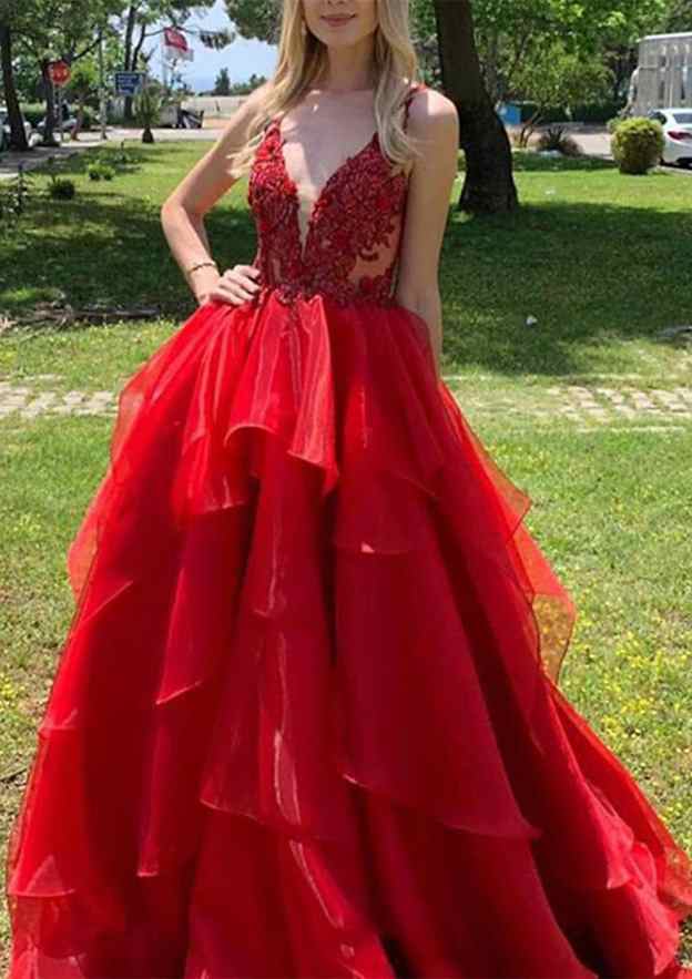 A-Line V-Neck Long/Floor-Length Organza Prom Dress/Evening Dress With Appliqued Ruffles and Regular Straps