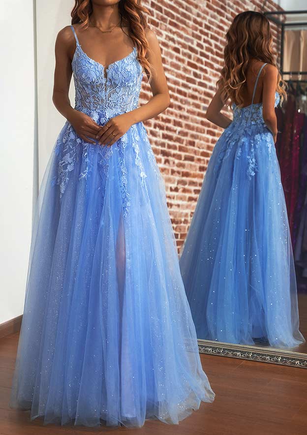 A-Line V-Neck Long/Floor-Length Tulle Prom Dress/Evening Dress with Split Glitter Sparkles