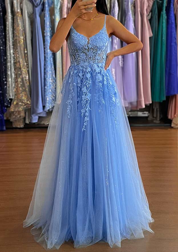 A-Line V-Neck Long/Floor-Length Tulle Prom Dress/Evening Dress with Split Glitter Sparkles