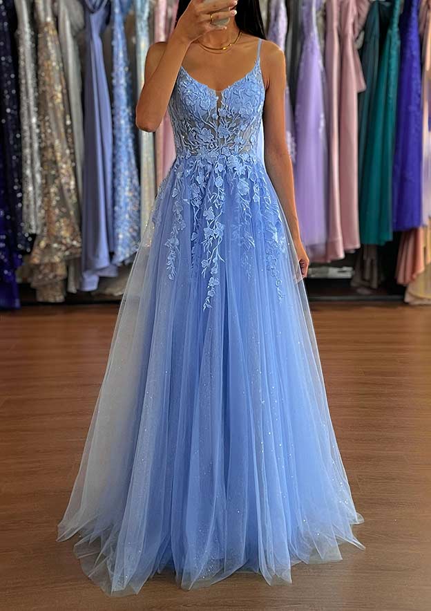 A-Line V-Neck Long/Floor-Length Tulle Prom Dress/Evening Dress with Split Glitter Sparkles