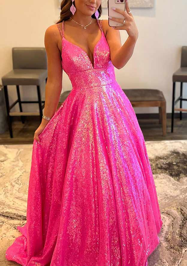 A-Line V-Neck Prom Dress/Evening Dress with Sequins and Sweep Train