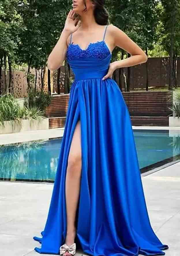 A-Line V-Neck Satin Prom Dress/Evening Dress With Beading Pleats and Split