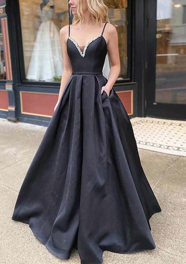 A-Line V-Neck Satin Prom Dress/Evening Dress With Beading Pockets and Spaghetti Straps for Floor-Length Look