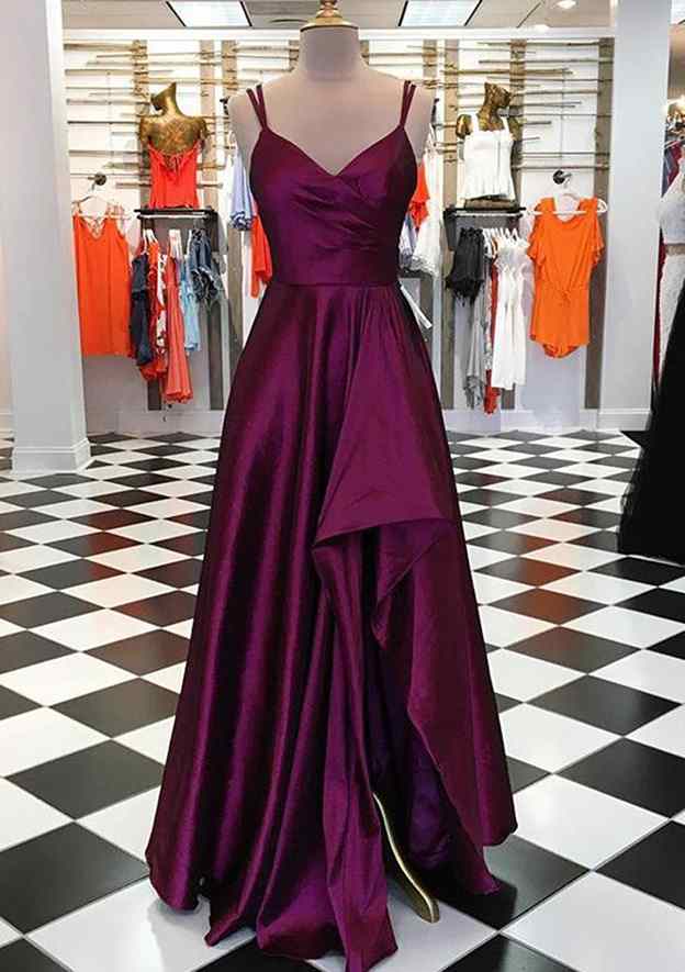 A-Line V-Neck Satin Prom Dress/Evening Dress with Pleated Split and Spaghetti Straps for Long/Floor-Length Look