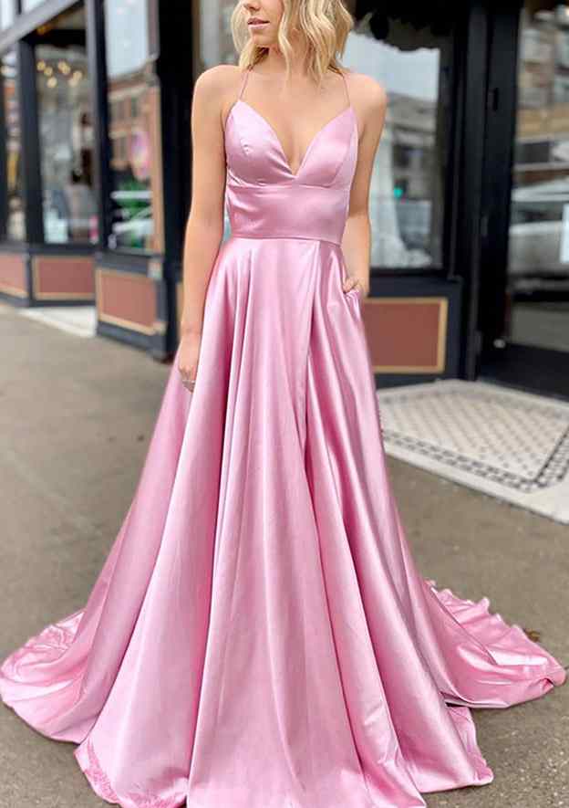 A-Line V-Neck Sleeveless Charmeuse Prom Dress/Evening Dress With Pockets and Sweep Train