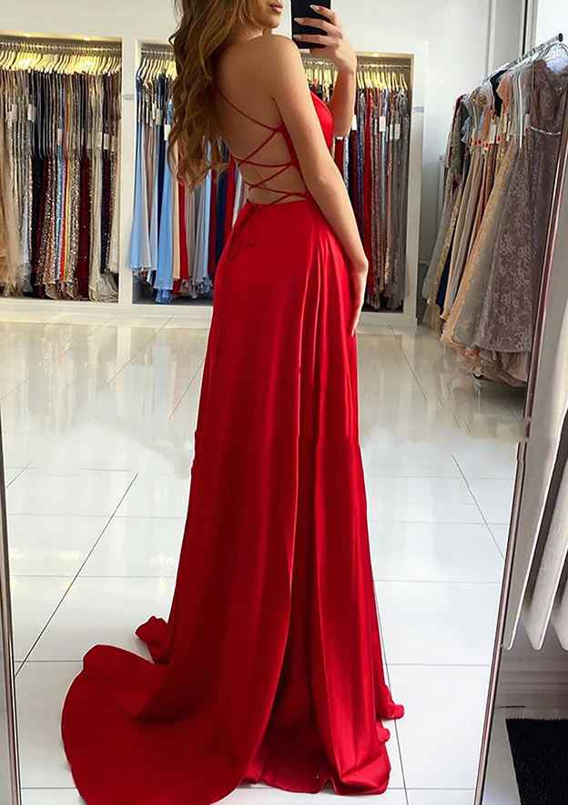 A-Line V-Neck Sleeveless Charmeuse Sweep Train Prom Dress/Evening Dress With Split