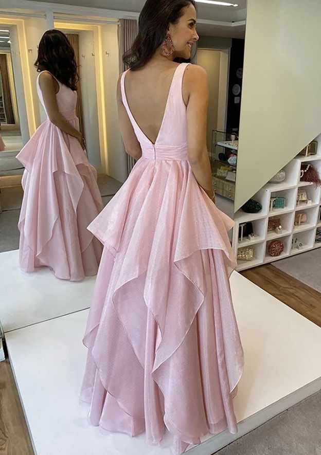 A-Line V-Neck Sleeveless Chiffon Long Prom Dress/Evening Dress with Pleated Skirt