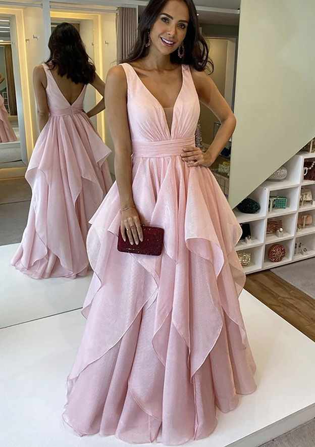 A-Line V-Neck Sleeveless Chiffon Long Prom Dress/Evening Dress with Pleated Skirt