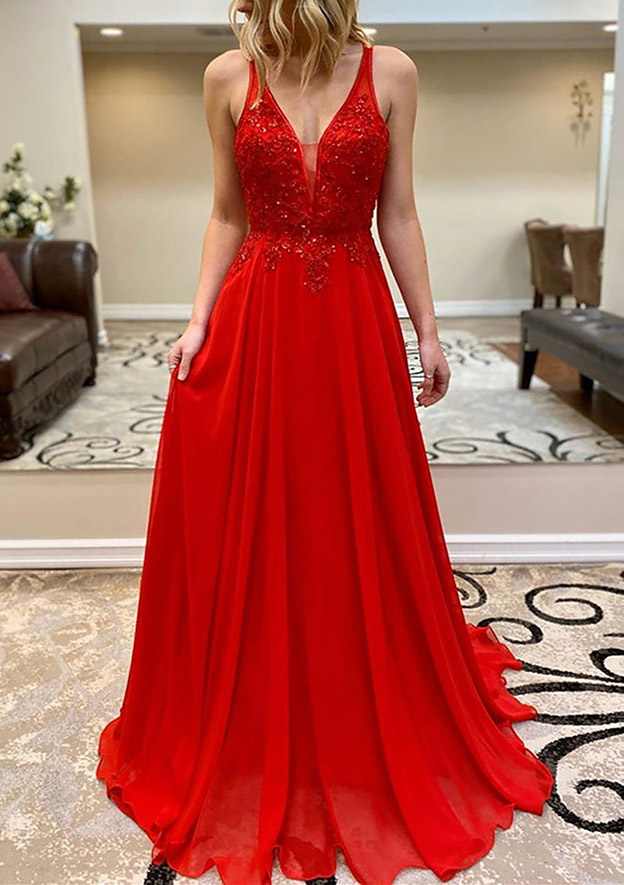 A-Line V-Neck Sleeveless Chiffon Prom Dress/Evening Dress With Appliqued Beading