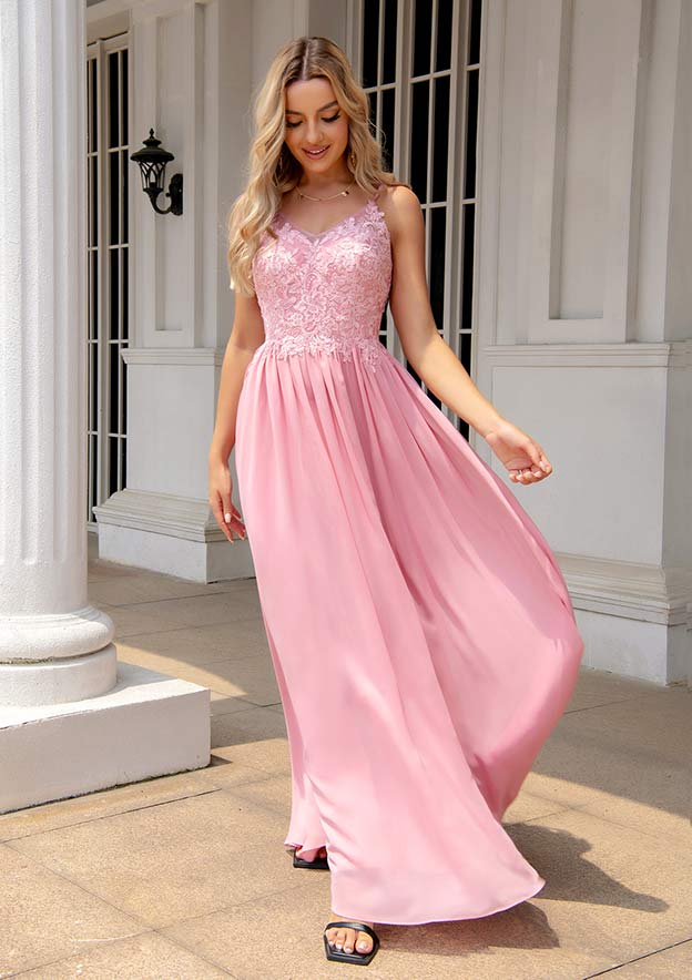 A-Line V-Neck Sleeveless Long Chiffon Prom Dress/Evening Dress with Appliqued Beading