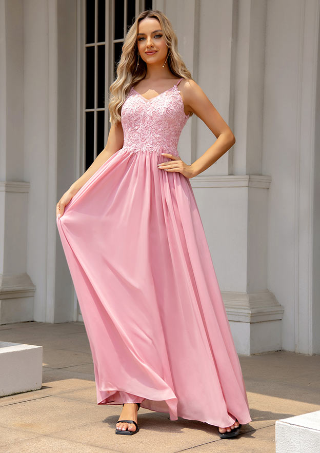 A-Line V-Neck Sleeveless Long Chiffon Prom Dress/Evening Dress with Appliqued Beading