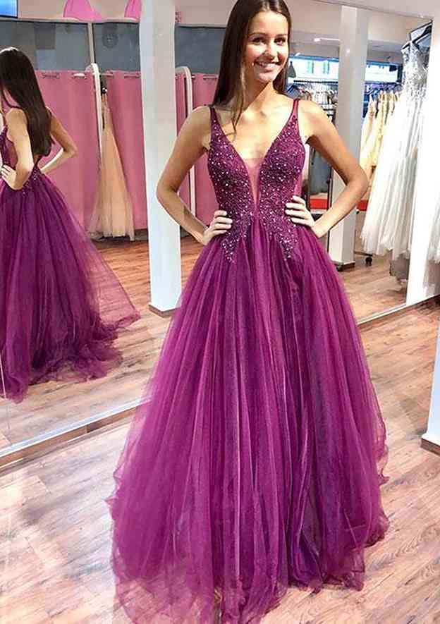 A-Line V-Neck Sleeveless Long Prom Dress/Evening Dress with Appliqued Beading Sequins