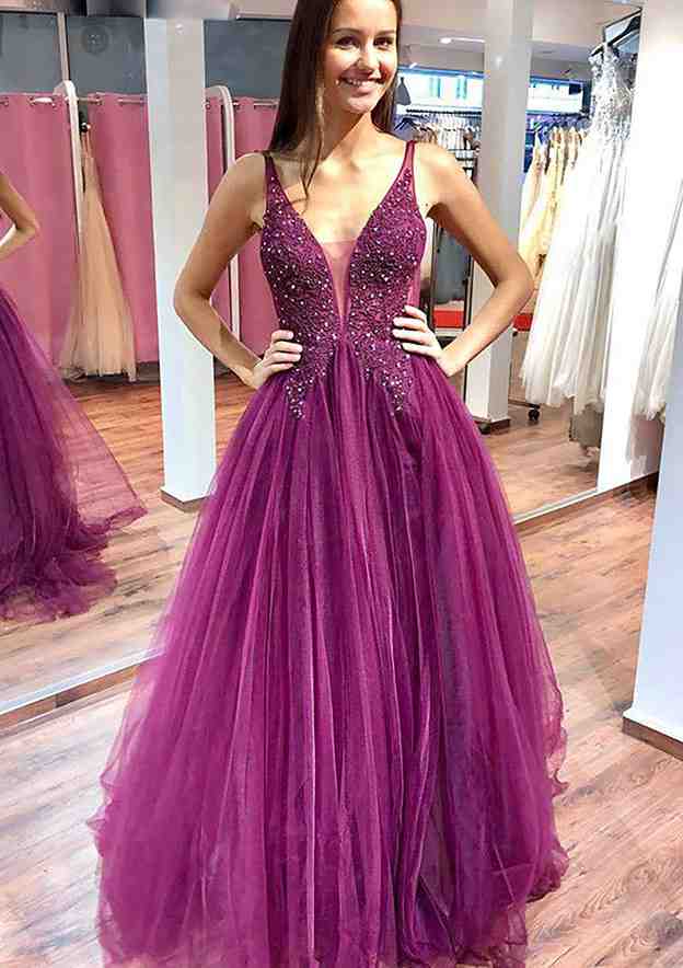 A-Line V-Neck Sleeveless Long Prom Dress/Evening Dress with Appliqued Beading Sequins