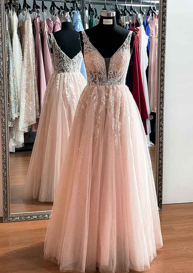 A-Line V-Neck Sleeveless Long Prom Dress/Evening Dress With Glitter Appliques