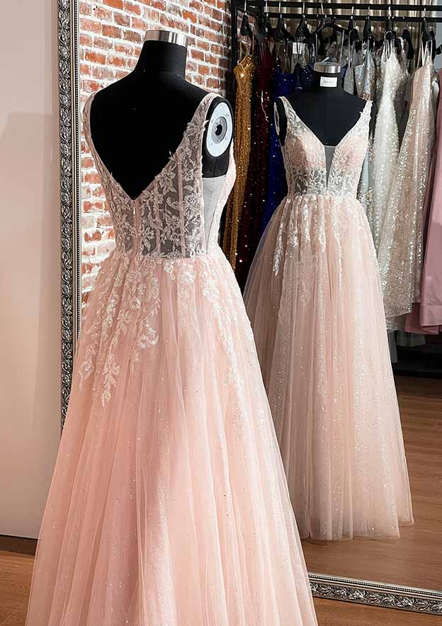 A-Line V-Neck Sleeveless Long Prom Dress/Evening Dress With Glitter Appliques