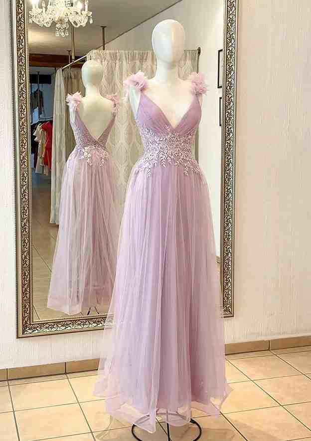 A-Line V-Neck Sleeveless Long Tulle Prom Dress/Evening Dress with Beading Flowers