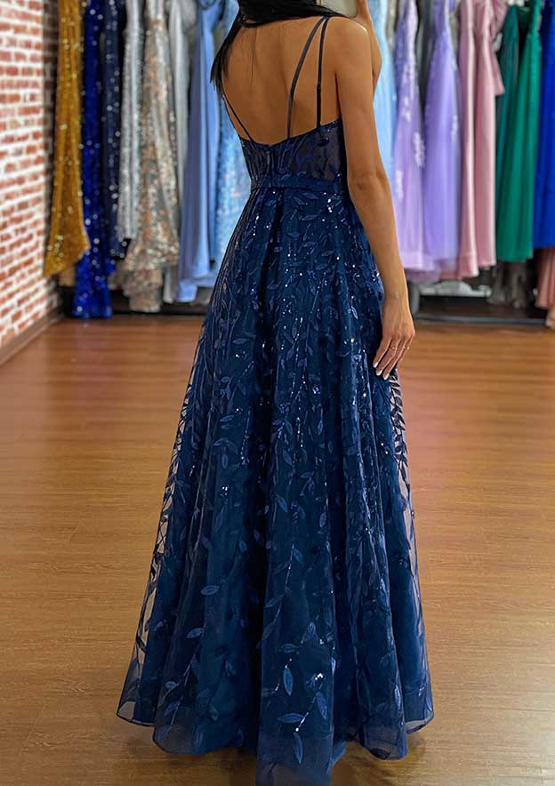 A-Line V-Neck Sleeveless Long Tulle Prom Dress/Evening Dress with Sequins Split