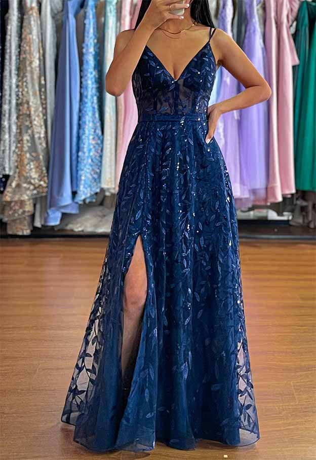 A-Line V-Neck Sleeveless Long Tulle Prom Dress/Evening Dress with Sequins Split