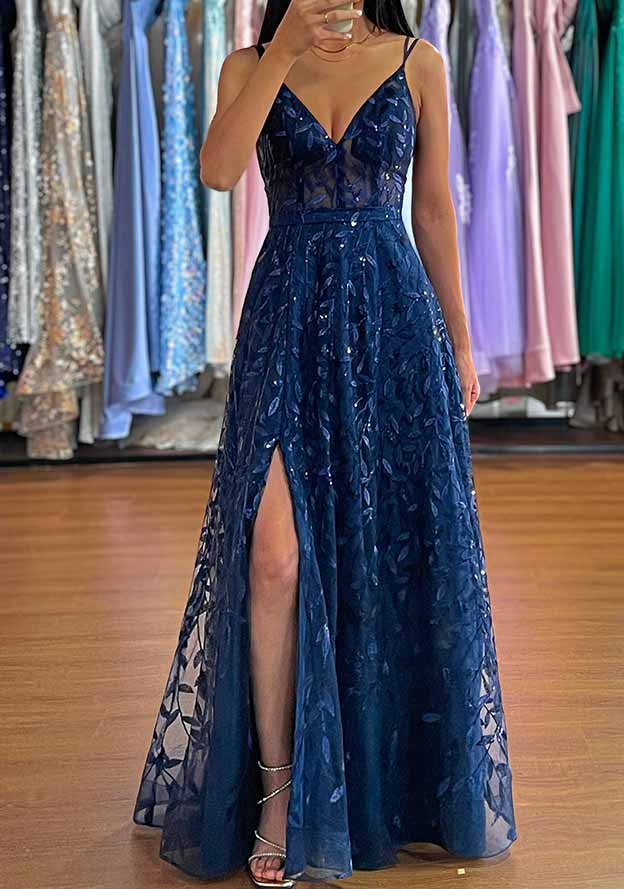 A-Line V-Neck Sleeveless Long Tulle Prom Dress/Evening Dress with Sequins Split