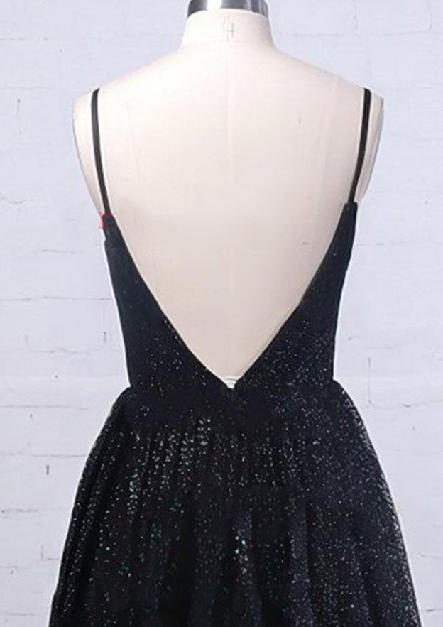 A-Line V-Neck Sleeveless Metallic Yarn Sequined Long/Floor-Length Prom Dress/Evening Dress With Split Pockets