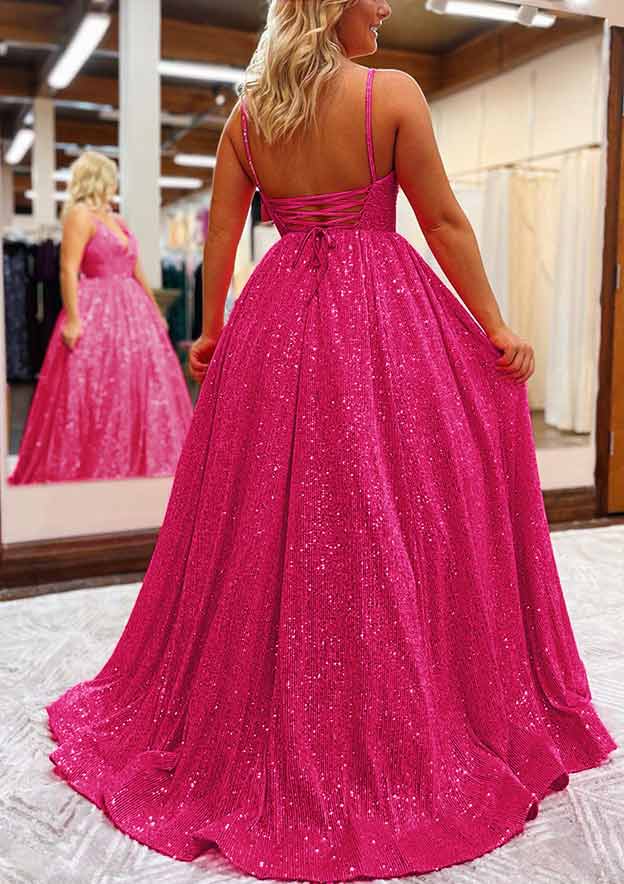 A-Line V-Neck Sleeveless Prom Dress/Evening Dress with Sequins and Pockets